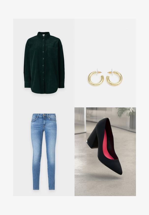 Dark green corduroy shirt with a button-down collar, front pocket, and long sleeves, featuring a textured fabric and classic fit.; Slim-fit light blue denim jeans with mid-rise waist, front button, and five-pocket design.; Black high heel shoe with a pointed toe, textured surface, and a vibrant pink interior. Features a chunky heel with silver accent.; Gold hoop earrings with a smooth, shiny finish. Circular design featuring a small post and clear backing for secure wear.