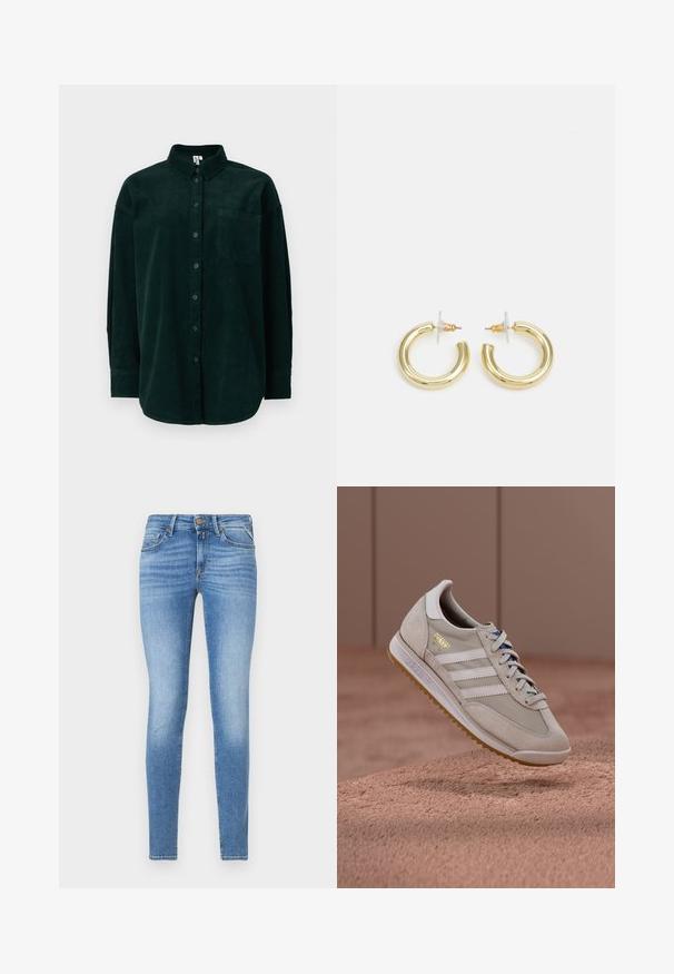 Tamnozelena kordura košulja s kragnom na dugmad, prednjim džepom i dugim rukavima, s teksturiranim materijalom i klasičnim krojem.; Uske slim-fit svijetloplave teksas traperice s srednjim strukom, prednjim gumbom i dizajnom s pet džepova.; Bež tenisice s gornjim dijelom od brušene kože i mrežaste tkanine, bijele tri pruge, đon od gumenog materijala boje gume, plave vezice i zlatni detalj logotipa. Klasični retro dizajn.; Zlatne kružne naušnice s glatkom, sjajnom završnom obradom. Kružni dizajn s malom potporom i prozirnom podlogom za sigurno nošenje.