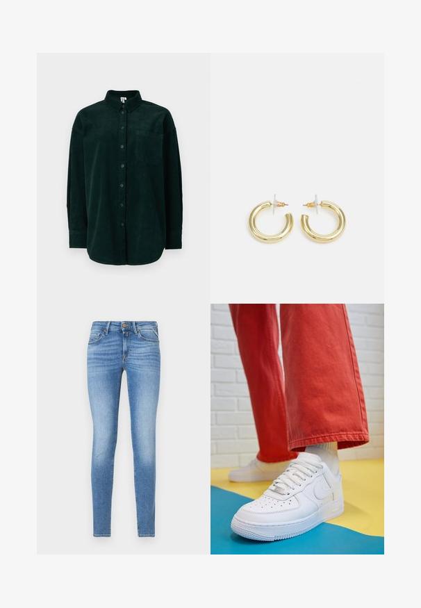 Camicia in corduroy verde scuro con colletto button-down, tasca frontale e maniche lunghe, dotata di un tessuto testurizzato e una vestibilità classica.; Jeans in denim leggero azzurro slim-fit con vita media, bottone frontale e design a cinque tasche.; Sneaker bianco in pelle con punta perforata, suola testurizzata e lacci bianchi, abbinati a pantaloni rossi larghi e uno sfondo blu e giallo.; Orecchini a cerchio in oro con una finitura liscia e lucida. Design circolare con un piccolo perno e una chiusura trasparente per un indosso sicuro.