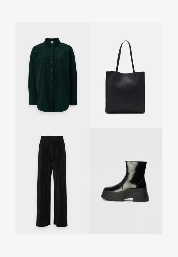 Cămașă din catifea fină de culoare verde închis, cu guler cu nasturi, buzunar frontal și mâneci lungi, având un material texturat și un croi clasic.; Pantaloni negri plisati cu talie elastică. Prezintă picioare largi și un material neted, texturat, cu dungi verticale.; Botine negre, lucioase, până la gleznă, cu talpă groasă și vârf rotund, vedere laterală pe un fundal gri deschis, simplu.; Geantă tote neagră din piele, cu textură netedă, formă rectangulară și două mânere lungi. Fără hardware vizibil sau ornamente.