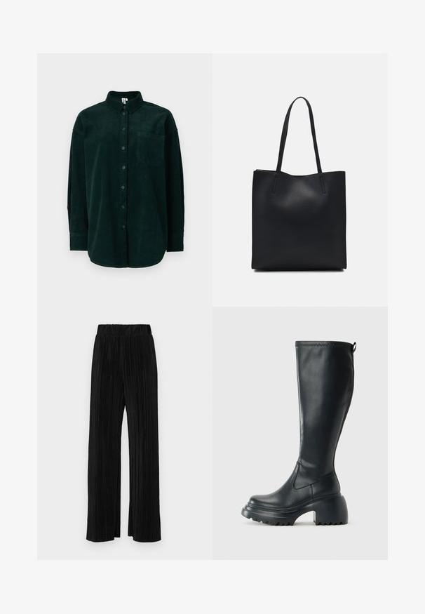 Camisa de pana verde oscura con cuello abotonado, bolsillo frontal y mangas largas, que presenta una tela texturizada y un corte clásico.; Pantalones negros de pliegues con una cintura elástica. Presentan piernas anchas y una tela suave y texturada con rayas verticales.; Bota alta de cuero negro con suela de plataforma gruesa y tacón cuadrado, que cuenta con una lengüeta y un relieve texturizado en la suela exterior.; Bolso tote de cuero negro con textura lisa, forma rectangular y dos asas largas. Sin herrajes ni adornos visibles.; Pendientes de aro de oro, cuatro piezas, acabado suave, diseño redondeado, con tamaños variados, que cuentan con un cierre articulado para una fácil colocación.