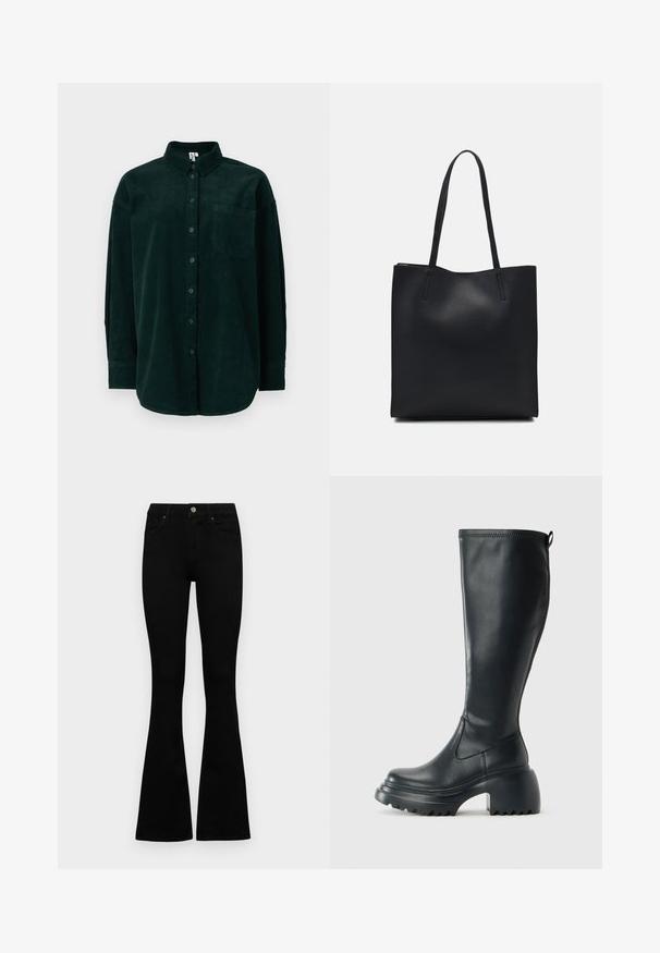 Cămașă din catifea fină de culoare verde închis, cu guler cu nasturi, buzunar frontal și mâneci lungi, având un material texturat și un croi clasic.; Jeans negri cu talie înaltă, cu închidere prin nasture și fermoar, buzunare frontale și picioare evazate, așezați pe un fundal alb.; Cizme lungi din piele neagră cu talpă platformă masivă și tocul pătrat, având un tab de tragere și un model texturat pe talpa exterioară.; Geantă tote neagră din piele, cu textură netedă, formă rectangulară și două mânere lungi. Fără hardware vizibil sau ornamente.