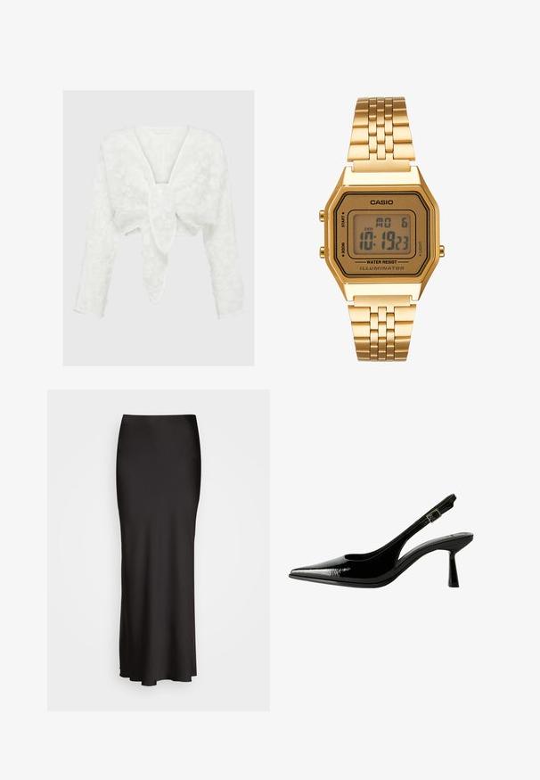 Weißes, kurzes Blusenshirt mit tiefem V-Ausschnitt, langen Ärmeln und strukturiertem Blumenmuster. Dekoratives Schleifen-Detail vorne. Weiches, leichtes Material.; Schwarzer, bodenlanger Satinrock mit glatter Textur, tailliertem Bund und A-Linien-Silhouette, ohne sichtbare Verzierungen oder Muster.; Schwarze Lackleder Slingback-Pumps mit spitzem Zeh, ausgeschnittenen Seiten, verstellbarem Knöchelriemen und einem dünnen, eleganten Absatz.; Goldene Digitaluhr mit quadratischem Ziffernblatt, LCD-Display, Edelstahlarmband und Tasten an der Seite. Verfügt über eine wasserdichte Kennzeichnung.