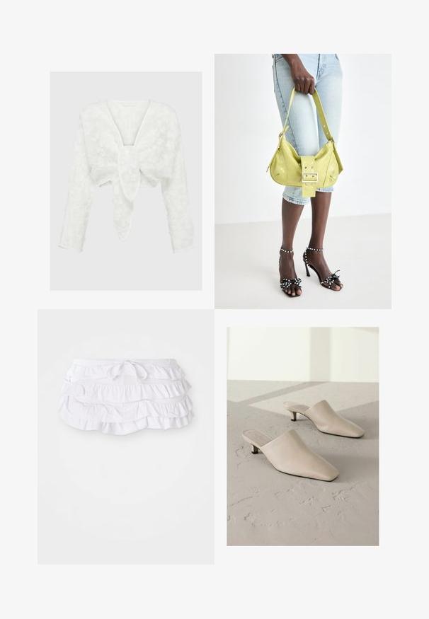 Witte cropped blouse met een diepe V-hals, lange mouwen en een gestructureerd bloemenpatroon. Decoratieve strik aan de voorkant. Zacht, lichtgewicht materiaal.; Wit gerimpelde badrok met meerdere lagen, voorzien van een trekkoord in de taille voor aanpassing. Zachte stof met een gladde textuur.; Beige leren muiltjes met een spitse neus en een lage zwarte hak. Glad oppervlak, instapontwerp, minimalistische silhouet, geen zichtbare patronen.; Geel geperforeerde handtas met een gespsluiting en een verstelbare schouderband, gecombineerd met denim shorts en zwart hoge sandalen met strikken.