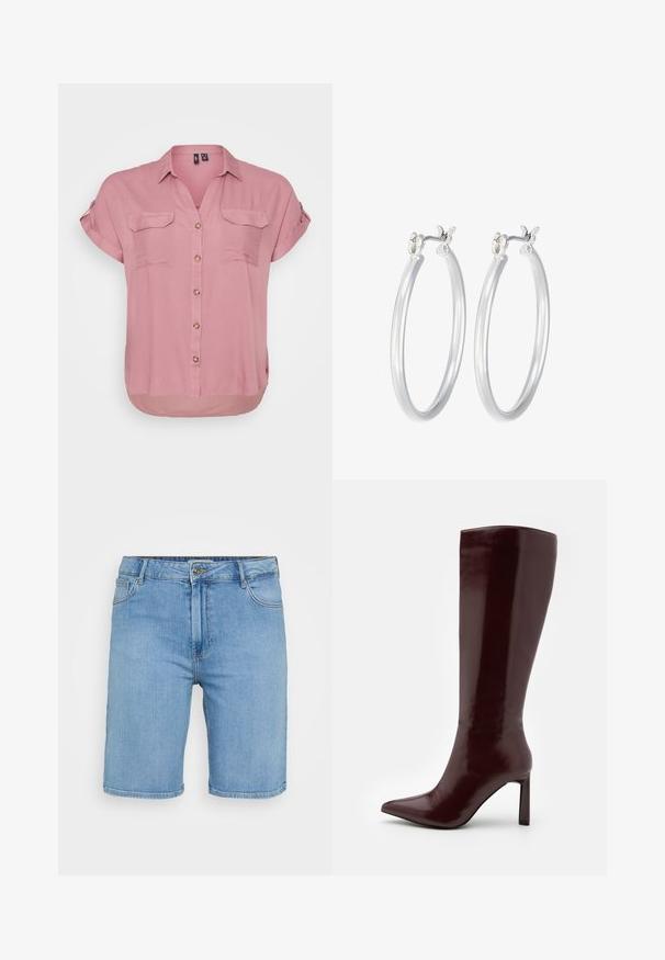Kurzarmhemd mit Knöpfen aus weichem rosa Stoff, zwei aufgesetzten Taschen vorne und abgerundetem Saum. Es verfügt über einen Kragen und dekorative Knöpfe.; Helles blaues Denim-Shorts mit klassischem Schnitt, ausgestattet mit einem vorderen Knopfverschluss, Gürtelschlaufen und zwei Seitentaschen. Glatte Textur und gerader Saum.; Even&Odd Stiefel - dark red; Silberne Creolen mit einer glatten, polierten Oberfläche. Runder Form und sicherem Klickverschluss. Leichtes Design, geeignet für den täglichen Gebrauch.