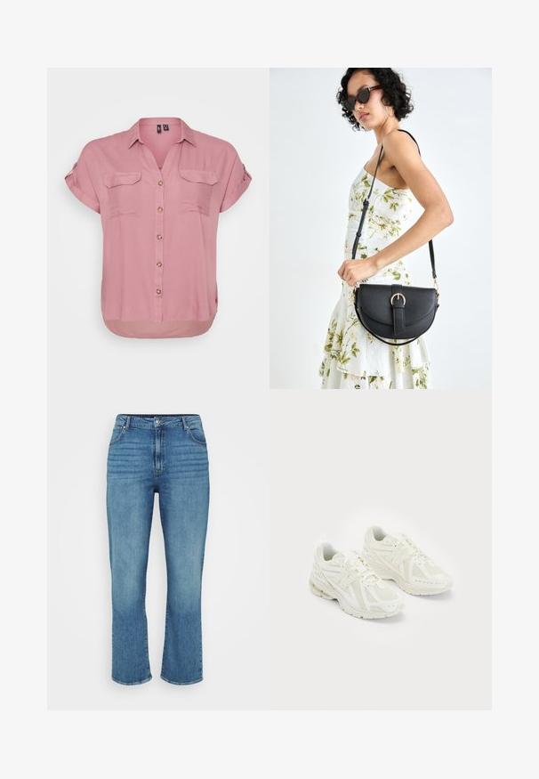 Korteermet, knappet skjorte i myk rosa stoff med to frontlommer og bølget hem, med krage og dekorative knapper.; Lyseblå denimjeans med rett ben-design, som har fem lommer, beltehemper og subtil falming på forsiden.; Hvite sportssko laget av mesh og syntetiske materialer, snøring, polstret krage og teksturert såle for grep. Lett konstruksjon.; Svart lærveske med en buet form, avtagbar stropp og gullbeslag. Vesken har et klaff med spenne-detall.