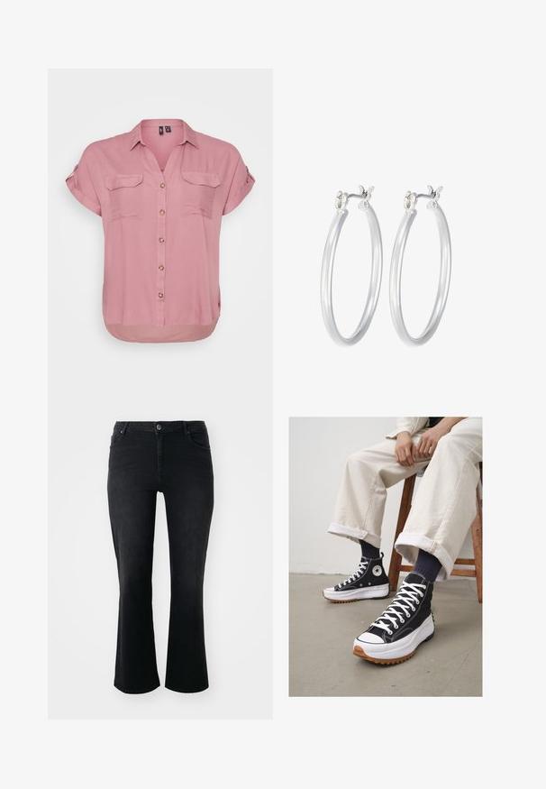 Kurzarmhemd mit Knöpfen aus weichem rosa Stoff, zwei aufgesetzten Taschen vorne und abgerundetem Saum. Es verfügt über einen Kragen und dekorative Knöpfe.; Schwarze Denim-Jeans mit mittelhohem Bund, vorderem Knopf, zwei Vorder- und zwei Hintertaschen sowie weiter Schnitt.; Schwarze High-Top-Sneaker mit weißen Schnürsenkeln und Gummikappe. Dicke weiße Sohle mit braunem, strukturiertem Außensohlenprofil, kombiniert mit navyblauen gestreiften Socken.; Silberne Creolen mit einer glatten, polierten Oberfläche. Runder Form und sicherem Klickverschluss. Leichtes Design, geeignet für den täglichen Gebrauch.