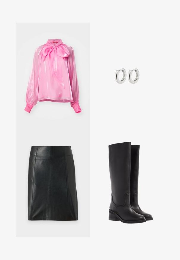 Różowa, połyskująca bluzka z dużą kokardą przy szyi, bufiaste długie rękawy i dopasowane mankiety. Wykonana z lekkiego, zwiewnego materiału.; Czarna skórzana spódnica o dopasowanym kroju. Gładka tekstura, szwy podkreślające kształt i prosty dół. Minimalistyczny i elegancki wygląd.; Czarne skórzane kozaki do kolan o gładkiej fakturze, zaokrąglonym nosku i masywnym obcasie. Posiadają subtelne przeszycia i elegancki kształt.; Srebrne kolczyki na kółkach o polerowanym wykończeniu, z okrągłym wzorem i bezszwowymi zawiasami, charakteryzujące się gładką teksturą.