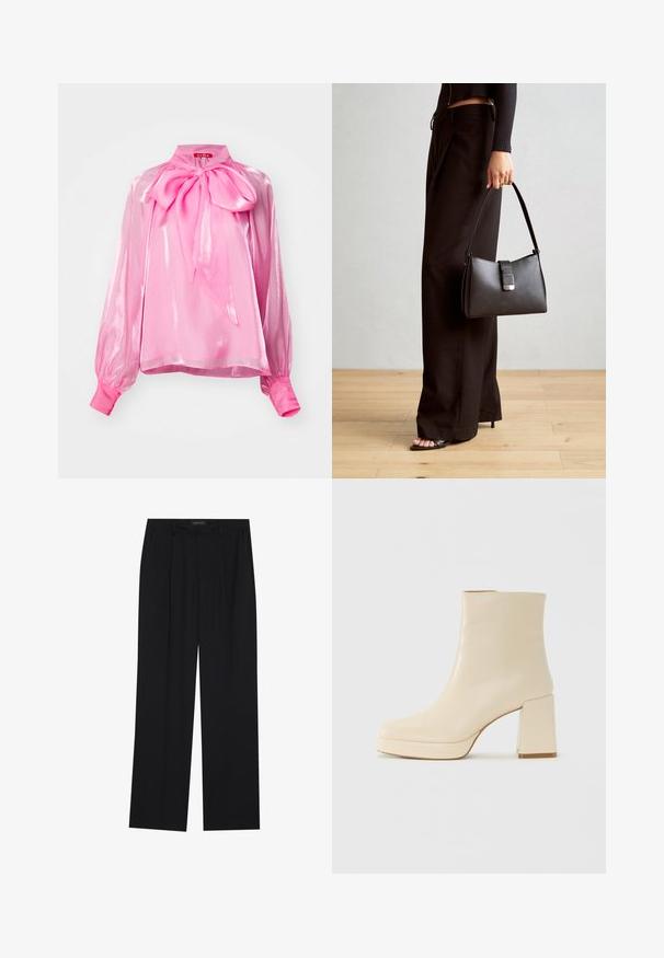 Blusa rosa lucida con un grande fiocco al collo, maniche lunghe a sbuffo e polsini aderenti. Realizzata in un materiale leggero e trasparente.; Pantaloni neri con un design a gamba dritta, dotati di due tasche frontali e di una vita. Realizzati in un tessuto morbido e leggero.; Stivaletti beige in pelle con tacco a blocco e suola platform, finitura liscia e punta leggermente quadrata, rivolti a sinistra su sfondo bianco.; Borsa nera con forma strutturata, texture liscia e una chiusura metallica. Abbinata a pantaloni neri larghi e sandali open-toe su un pavimento in legno.