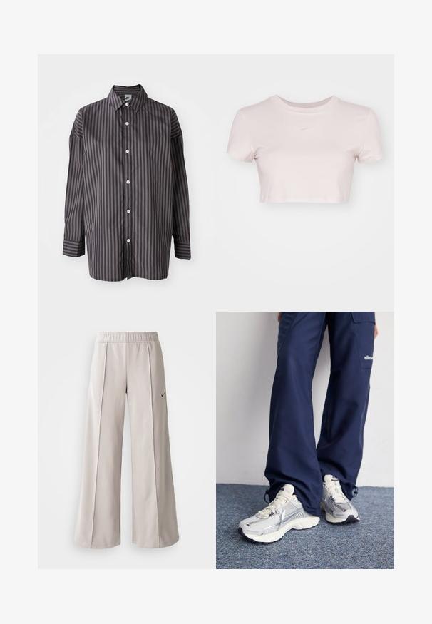 Juodos ir tamsiai pilkos dryžuotos ilgomis rankovėmis marškiniai su apykakle, priekyje užsegami mygtukais ir laisvu pjūviu. Lygus audinio paviršius.; Šviesiai rožinė trumpa marškinė, pagaminta iš minkštos medžiagos. Turi apvalų kaklą ir trumpas rankoves, su mažu baltu Nike logotipu ant krūtinės.; Šviesiai pilki plačių kojų kelnės, pagamintos iš lygaus audinio. Turi elastingą juosmenį ir juodą Nike logotipą kairėje pusėje.; Nike sportiniai batai su sidabro spalvos tinklu, baltais akcentais ir tekstūruotais pado, derinami su laisvais tamsiai mėlynais kelnais.