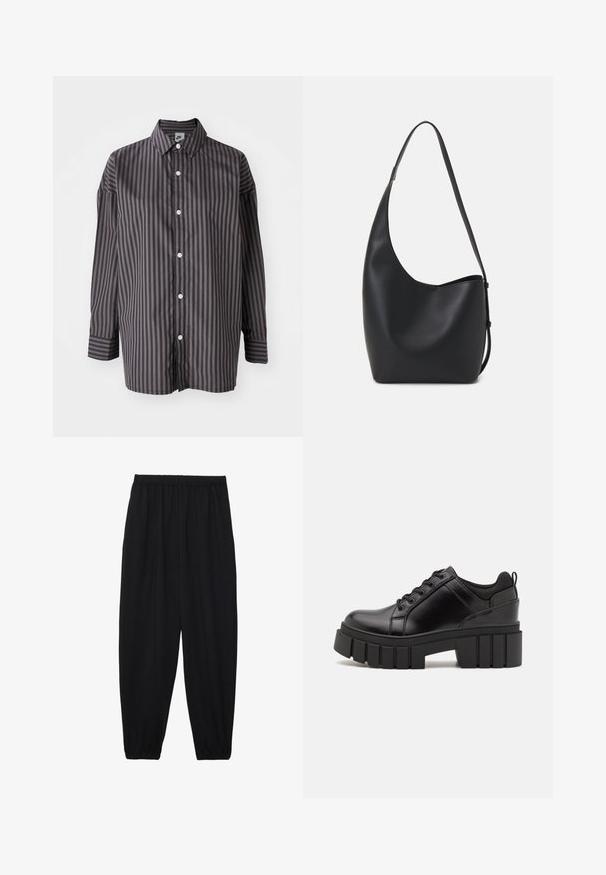 Čierna a tmavosivé pruhované tričko s dlhým rukávom a golierom, predným zapínaním na gombíky a uvoľneným strihom. Hladká textúra látky.; Čierne, ľahké nohavice s elastickým pásom a zúženými nohavicami. Tkanina je hladká a má voľný, zúžený strih.; Čierne kožené platformy s masívnym blokovým podpätkom, okrúhlou špičkou a tradičným šnurovaním. Má hladký povrch a minimálne detaily.; Čierna kožená hobo taška so hladkou textúrou, zakriveným tvarom a jedným nastaviteľným popruhom; má široké otvorenie na vrchu.