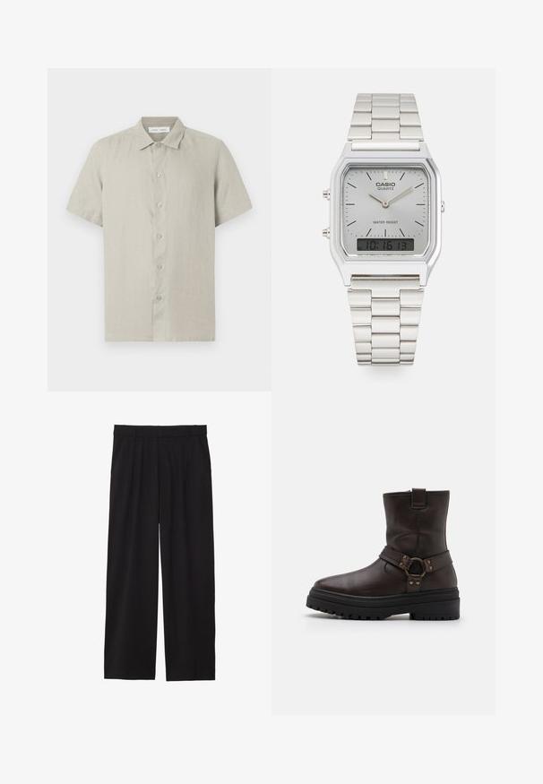Beige värinen lyhythihainen napillinen paitapusero, jossa on kaulus, valmistettu kevyestä kankaasta, etupuoli valkoisella taustalla.; Mustat väljät housut, joissa on laskostettu etuosa, sivutaskut ja sileä kankaan rakenne. Suunniteltu rentoa istuvuutta varten.; Ruske nahke čevlje do gležnjev s kvadratnim nosom, zaponkami in debelim črnim podplatom. Imajo stransko zadrgo in teksturirano površino.; Hopeakotoinen Casio kvartsikello, jossa on suorakaiteen muotoinen kellotaulu, analoogiset ja digitaaliset näytöt, ruostumattomasta teräksestä valmistettu ranneke sekä vedenkestävyysominaisuudet.