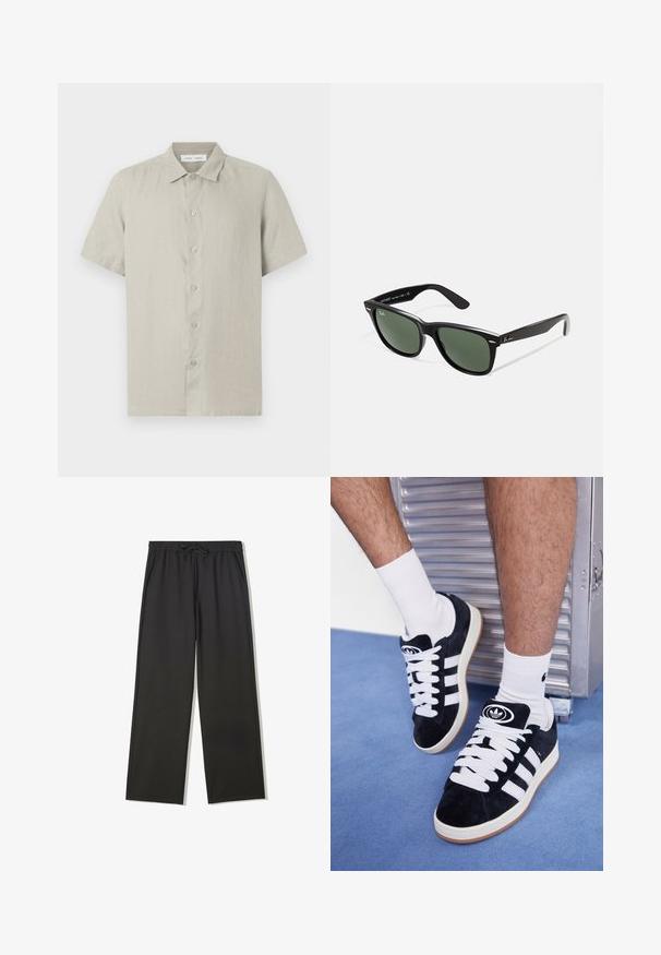 Bež kratka košulja s dugmadima i ovratnikom, izrađena od lagane tkanine, prikaz sprijeda na bijeloj pozadini.; Crne hlače s elastičnim pojasom, vezicom i bočnim džepovima, u opuštenom kroju i ravnim nogavicama.; Crne nubuk tenisice s bijelim vezicama i tri bijele pruge. Imaju kružni crni logo na jeziku i gumeni potplat.; Crne plastične sunčane naočale s zelenim staklima, kvadratni okviri, srebrni naglasak na obrvi i teksturirane ručke. Naziv brenda naveden na unutrašnjoj strani ručke.; Srebrni Casio kvarcni sat s pravokutnim licem, analognim i digitalnim displejima, narukvicom od nehrđajućeg čelika i vodootpornim svojstvima.