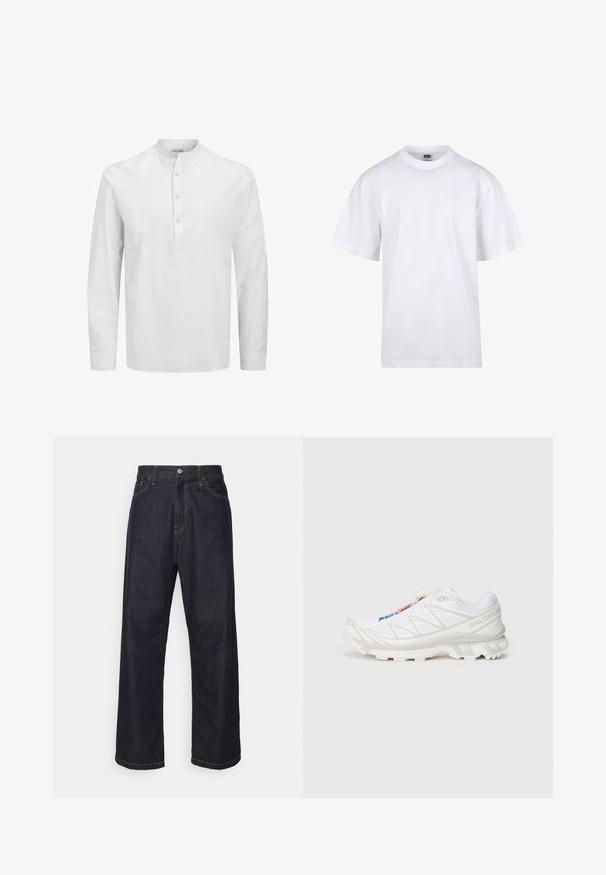 Hosszú ujjú, fehér ing, könnyű anyagból készült. Jellemzője a mandzsetta nélküli gallér és gombos légypánt világos gombokkal. Simító textúra és laza szabás.; Fehér pamut póló kerek nyakkivágással, rövid ujjal és laza szabással. Egyszerű dizájnnal rendelkezik, minták vagy díszek nélkül.; Sötétkék egyenes szárú farmernadrág sárga varrással, elülső gombbal, cipzáros záródással és öt zsebes kialakítással.; Fehér sportcipő texturált hálós felsőrésszel, fényvisszaverő részletekkel és párnázott talppal. Figyelemre méltó márkalogó az oldalon.
