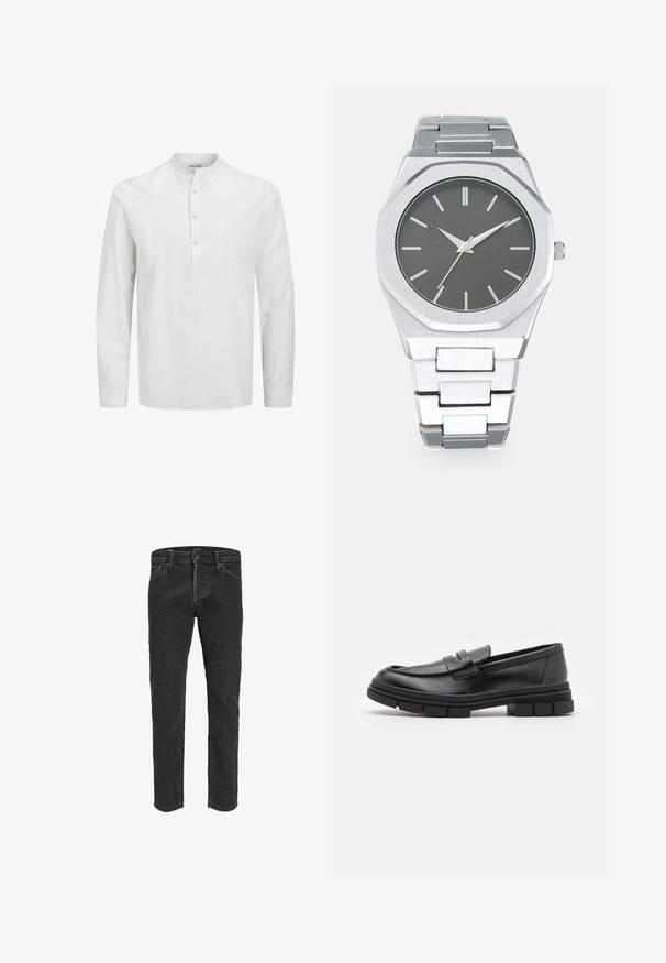 Witte lange mouwen shirt gemaakt van lichtgewicht stof. Heeft een bandkraag en een knoopsluiting met lichte knopen. Soepele textuur en een ontspannen pasvorm.; Zwarte denim jeans met een rechte pasvorm, vijf zakken en riemlussen, met een licht vervaagde textuur en contrasterende stiksels.; Zwarte leren instappers met een gladde afwerking, voorzien van een voorste banddetail en een stevige rubberen zool met gegroefde accenten.; Zilveren analoge horloge met een achthoekige kast, grijze wijzerplaat, zilveren uurmarkers en een bracelet van roestvrij staal. Minimalistisch ontwerp met een gladde textuur.