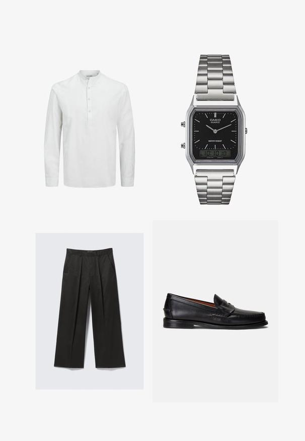 Chemise blanche à manches longues en tissu léger. Dotée d'un col montant et d'une patte de boutonnage avec des boutons clairs. Texture lisse et coupe décontractée.; Pantalons larges noirs avec une texture lisse, dotés de deux poches avant et d'une taille légèrement rehaussée.; Mocassins en cuir noir à finition lisse, bout arrondi et bande décorative sur le dessus. Ils présentent une semelle noire basse.; Montre en acier inoxydable argenté avec un cadran rectangulaire noir, dotée d'aiguilles analogiques, d'un écran numérique et d'un label d'étanchéité.