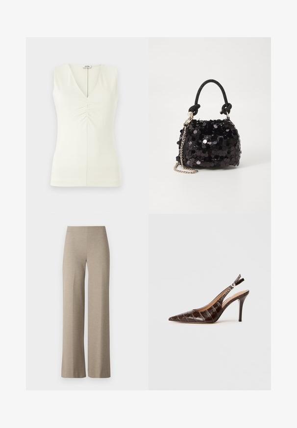 Utenærmet topp med V-hals, laget av lett kremfarget stoff. Har samlet detaljer i midten og en tettsittende silhuett.; Beige vide ben bukser laget av teksturert stoff, med høy midje og uten synlige lukkinger eller lommer. Glatt, skreddersydd silhuett.; Brune, krokodilleskinn-embossed slingback pumpe med spiss tå, åpne sider og en tynn høy hæl. Designet med en spennejustering.; Svart paljettmini-veske med en knyttet teksturert stropp og sølvkjede. Rund form med samlet topp og reflekterende detaljer.