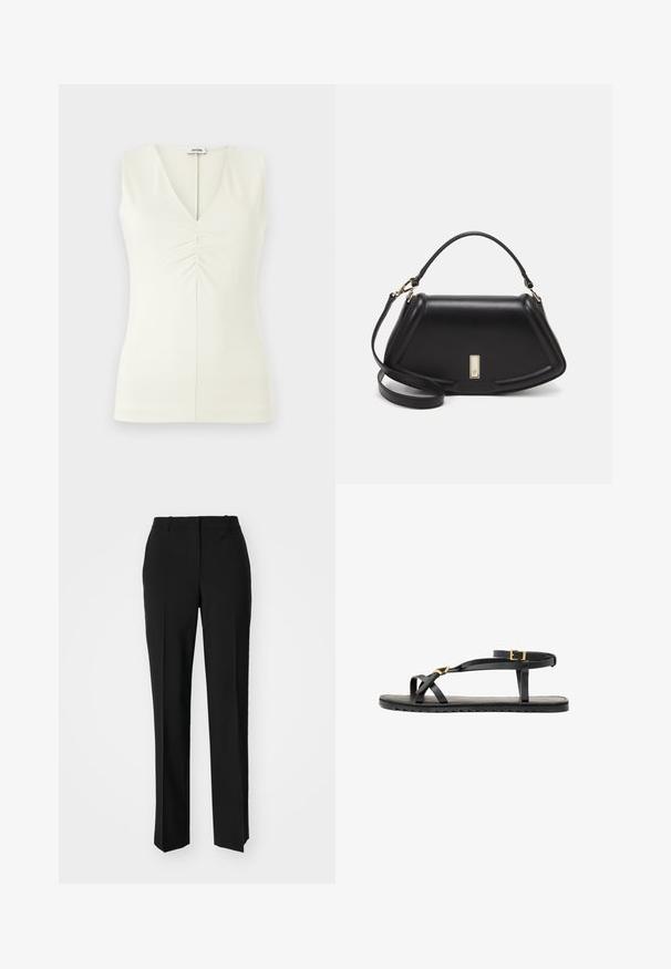 Õlavarrastega särk V-kaelusega, valmistatud heledast kreemjasest kangast. Keskosas on kokku volditud detailid ja keha lähedane siluett.; Mustad ja sirged püksid, millel on sile tekstuur ja teravad voldid esiosas. Ilma nähtavate detailideta.; Mustad musta nahast sandaalid õhukeste rihmade ja lukustatava pahkluu rihmaga. Tasane sole tekstureeritud viimistluse ja zikk-zakk servaga. Minimalistlik disain.; Must mustrist käekott, millel on struktureeritud disain, lühendatud kuju, ülemine käepide ja kuldne metallist detail. Reguleeritav õlalihm on kaasas.