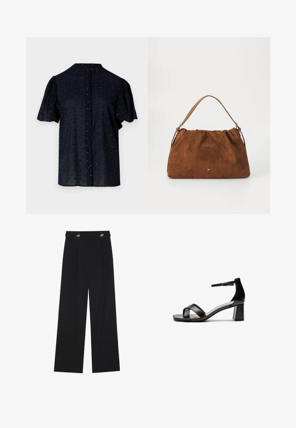 Jūras spēku īsa piedurkne blūze ar pūkainām piedurknēm, apaļu kakla izgriezumu, pogu aizdari un teksturētu rakstu ar nelieliem izšuvumiem.; Melnas platās bikses ar augstu jostasvietu, pogu detaļām uz jostas un priekšējām krokām.; Melnas atvērtās pirkstgala augstpapēžu čības ar krusteniskām siksnām, regulējamu potītes siksnu un masīlu papēdi, ar gludu ādas virsmu.; Brūna zamšāda soma ar savilkšanas dizainu, kurai ir viena gaiši brūna ādas siksna un smalka zelta logo detaļa priekšpusē.