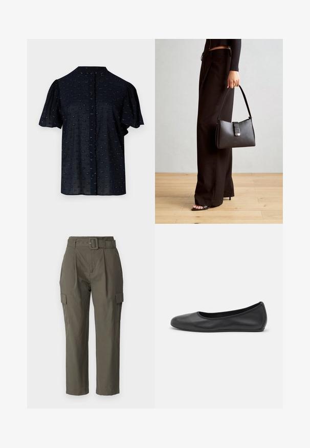 Blusa azul-marinho de manga curta com mangas bufantes, decote redondo, fecho frontal com botões e padrão texturizado com pequenos detalhes bordados.; Calças cargo em verde olivine, feitas de um tecido leve. As características incluem uma cintura com cinto, pregas na frente e bolsos laterais com fechos em aba.; Bailarina preta em pele com bico arredondado, textura suave, detalhe de costura minimalista e design de sola flexível.; Bolsa preta com forma estruturada, textura suave e um fecho metálico. Combinada com calças largas pretas e sandálias de salto aberto sobre um chão de madeira.