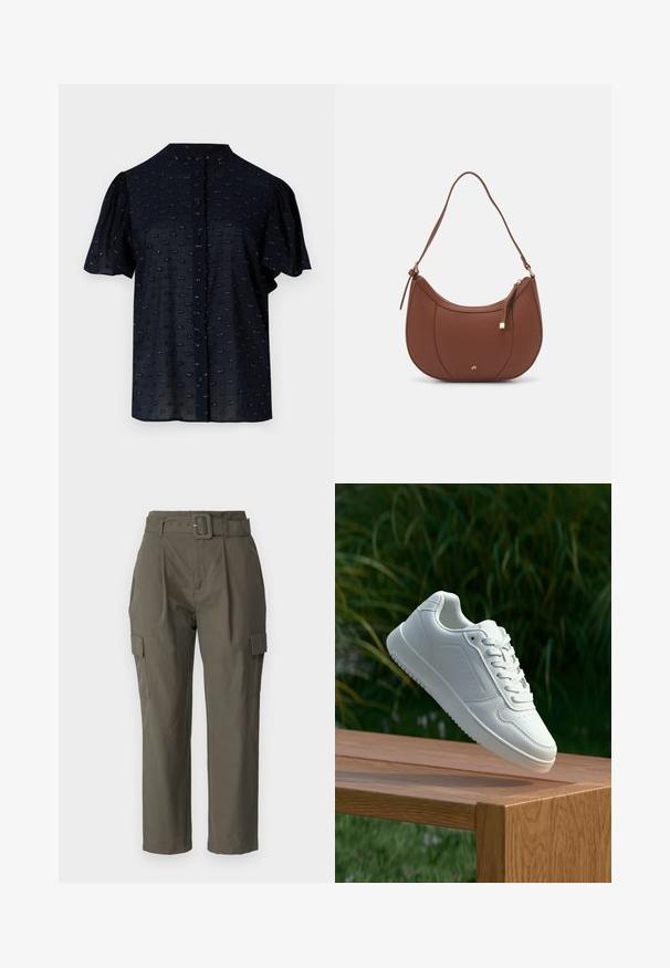 Tumesine lühikeste varrukatega pluus, puff-varrukatega, ümmarguse kaelusega, nööpide ees ning tekstuuriga mustriga, mis sisaldab väikeseid tikandeid.; Õlipüüdid oliivrohelises värvuses, valmistatud kergest kangast. Omadusteks on vööga talje, esiservade voltimine ja küljetaskud klapiga.; Valged sneakerd, millel on sile sünteetiline ülemine osa, väikeste aukudega varvaskast, lamedad paelad ja tekstuuriga tald, eksponeeritud puidust pinnal.; Pruun faux nahast õlaline kott, millel on kaarjas kuju, minimaalne õmblemine ja kuldse tooni metallist aksessuaar. Omab ülemist tõmblukku ja reguleeritavat rihma.