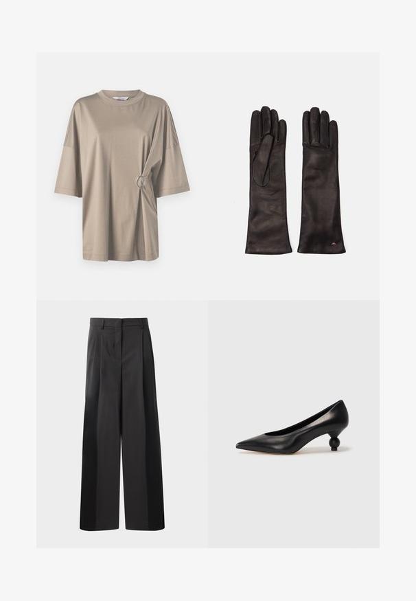 Beige t-shirt med kort ärm, rund halsringning och en silverringdetalj vid midjan. Tillverkad av slät tyg med en löst passform.; Svarta byxor med vida ben och hög midja, med framveck, en slät textur och en skräddarsydd finish. Designade för en avslappnad passform.; Svart läderhögklackad sko med spetsig tå och rund, bollformad klack. Slät yta med en elegant, minimalistisk design.; Weekend Max Mara SENAPE - Fingervantar - nero