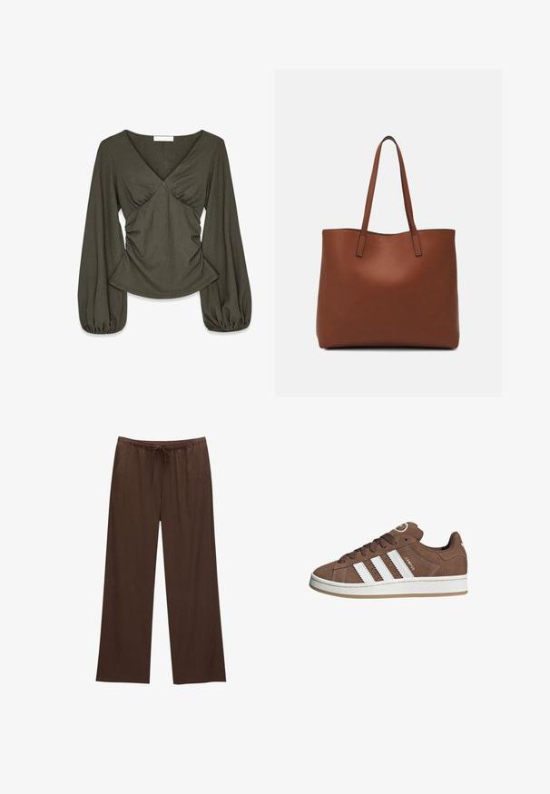 Olivgrüne Bluse mit Struktur, langen Puffärmeln, V-Ausschnitt, gerafftem Mieder und leicht ausgestelltem Saum.; Braune weite Hosen aus weichem Stoff, mit einem elastischen Bund und Kordelzug sowie zwei Seitentaschen.; Braune Wildledersneaker mit weißen Lederstreifen, Gummisohle, gerundetem Zehenbereich und Schnürung. Mit einem Logo auf der Zunge und perforierten Akzenten.; Braune Leder-Tote mit glatter Textur, offenem Oberteil und zwei Schulterriemen. Verfügt über minimale Nähte und keine sichtbaren Beschläge.