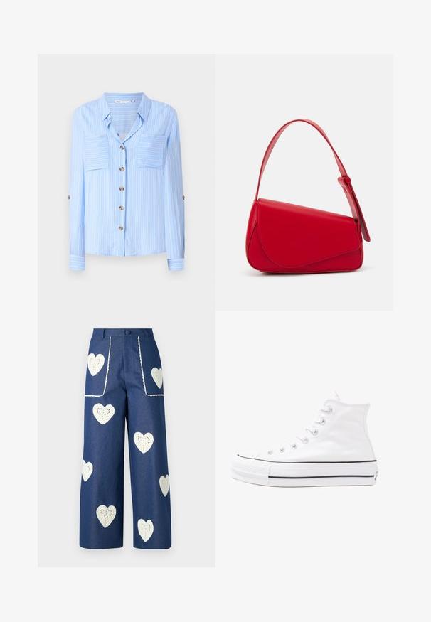 Light blue long-sleeve shirt with vertical white stripes, two chest pockets, and brown buttons down the front. Soft fabric with a smooth texture.; Sister Jane HEART TO HEART - Straight leg jeans - blue denim; White high-top canvas sneaker with black rubber sole, front rubber toe cap, and six eyelets for laces, featuring a clean, minimalist design.; Red leather handbag with an angular, geometric design. Features a single adjustable strap and a flap closure with stitched detailing.
