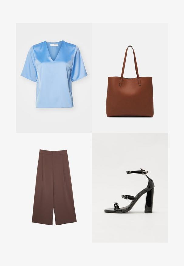 Svetlomodrá saténová blúzka s výstrihom do V, krátkymi rukávmi a hladkou textúrou, s voľným strihom a minimálnymi detailemi šitia.; Hnedé nohavice so širokými nohavicami a hladkou textúrou, s vysokým pásom a prednými skladmi. Tkanina je ľahká a voľne sa pohybuje.; Čierne lakované sandále na podpätku so štvorcovou špičkou, navlečenými remienkami okolo členku a striebornými prackami. Disponujú masívnym blokovým podpätkom pre stabilitu.; Hnedá kožená taška na rameno s hladkou textúrou, otvoreným vrchom a dvoma ramenými popruhmi. Má minimálne šitia a žiadne viditeľné kovania.