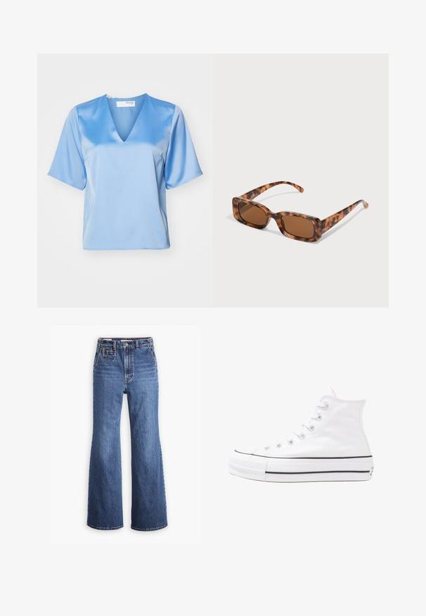 Gaiši zila satīna blūze ar V formas kakla izgriezumu, īsām piedurknēm un gludu tekstūru, ar brīvu piegriezumu un minimāliem šuvju akcentiem.; Augstas jostas blue denim bikses ar platu kāju dizainu, ar priekšējo kabatu, misiņa pogu aizdari un kontrastējošu šuvju.; Balti augstie kanvas sporta apavi ar melnu gumijas zoli, priekšējo gumijas purngalu un sešām acīm lencēm, kuriem ir tīrs, minimālistisks dizains.; Tortoiseshell saulesbrilles ar taisnstūrveida brūniem stikliem, biezs rāmis un plānas kājas ar dažādu brūnu toņu rakstu.