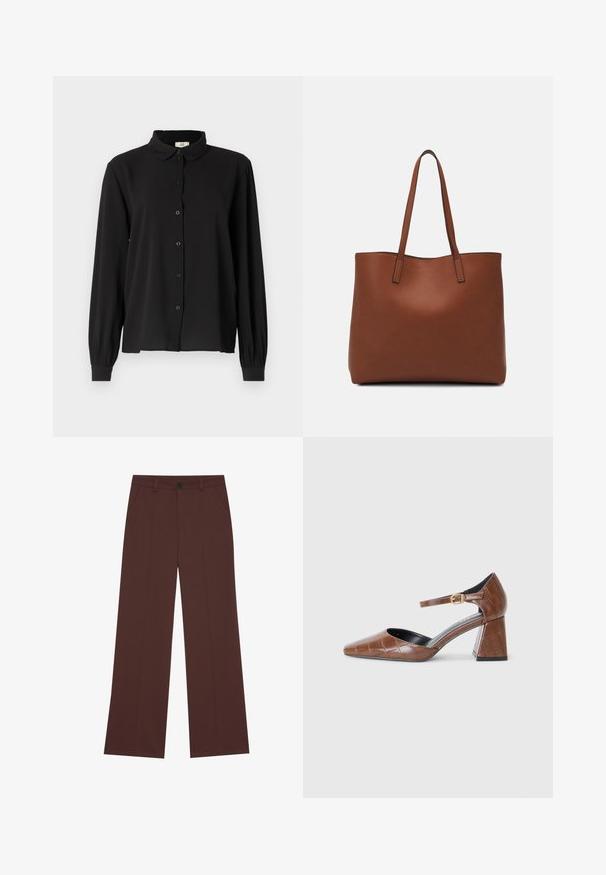 Camisa preta de manga longa em tecido suave, com colarinho, fecho de botão e punhos franzidos. Design simples, sem padrões ou acentos.; Calças largas em tecido castanho escuro. Apresentam um fecho com botão, duas bolsos frontais, textura suave e linhas limpas.; Sapato de salto em couro patente castanho com bico quadrado, padrão textura crocodilo, tiras no tornozelo com fivela dourada e salto grosso.; Bolsa tote de couro castanho com uma textura suave, design de abertura superior e duas alças para o ombro. Apresenta costura mínima e sem hardware visível.
