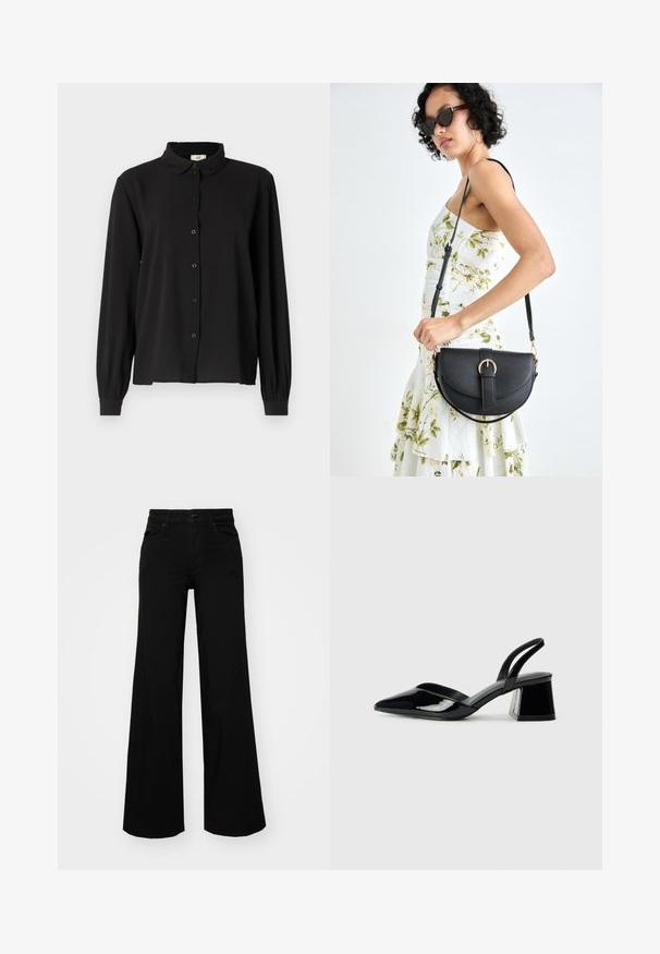 Črna dolga majica z dolgimi rokavi iz mehkega blaga s ovratnikom, gumbnim zapiranjem in nabranimi manšetami. Preprost dizajn brez vzorcev ali dodatkov.; Črne široke denim hlače s strukturiranim pasom, z zankami za pas in sprednjimi žepi. Gladka tekstura s klasičnim dizajnom.; Črne lakirane slingback pete s koničastim nosom in geometrijsko blokasto peto. Imajo eleganten, minimalističen dizajn in gladko teksturo.; Črna usnjena torbica s ukrivljeno obliko, z odstranljivo naramnico in zlatimi dodatki. Torbica ima pokrov s podrobnostmi v obliki zaponke.