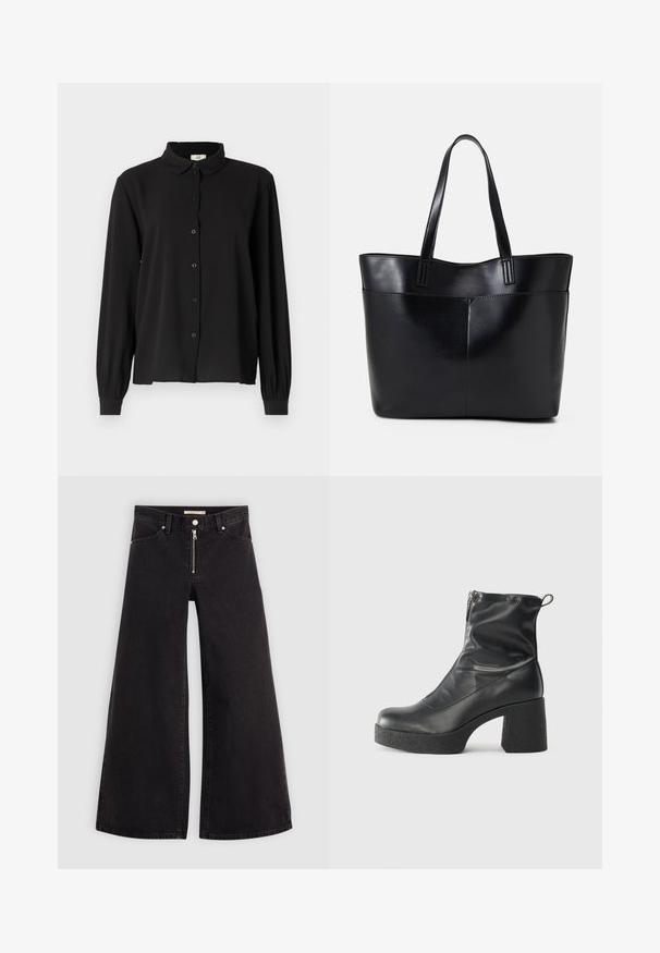 Fekete, hosszúujjú ing puha anyagból, gallérral, gombos záródással és ráncolt mandzsettákkal. Egyszerű dizájn, minta vagy kiegészítők nélkül.; Fekete denim széles szárú farmer, cipzáros elejével, öt zsebes kialakítással és diszkrét varrással. Sima textúra és laza stílus.; Fekete bokacsizmák sima bőrből, oldalsó cipzárral, vastag, texturált sarkú és lekerekített orrú dizájnnal.; Fekete bőr bevásárlótáska két hosszú fogantyúval, sima felülettel és strukturált formával. Elülső zseb található rajta a plusz tárolás érdekében.