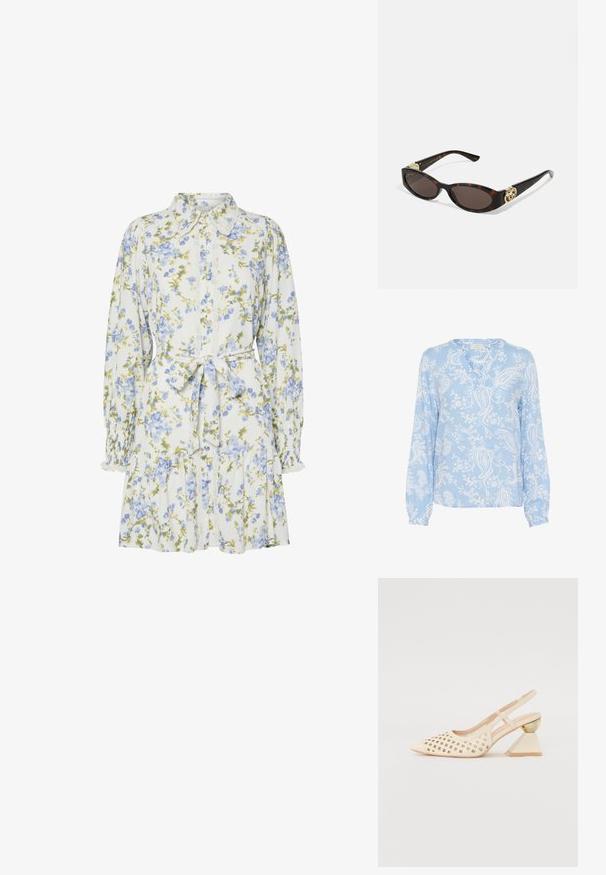 Lyseblå bluse med lange ærmer, v-hals og blomster paisley mønster i hvid; glat stof med foldede manchetter.; Blomsterkjole i hvid med blå og grønne blomster, med krave, knaplukning foran, lange ærmer med elastiske manchetter og et bånd i taljen.; Beige slingback sko med perforeret overdel, spids tå og en kontrasterende trekantet hæl med en guldfarvet detalje. Glat tekstur generelt.; Skildpaddemønster solbriller med aflange ovale linser, brun farve, guldlogo accenter på stængerne og slanke sorte arme.; Beige mønsteret taske med en buet form, læderdetaljer og et guldtonet logo på fronten. Har et kort håndtag for nem bæring.; Perle- og krystalhalskæde med et rundt, perlekantet design i lyse nuancer, der præsenterer skiftevis perler og glitrende detaljer, båret om halsen.