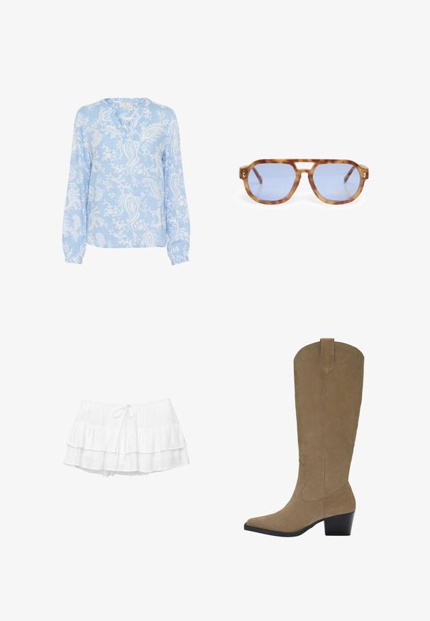 Svijetlo plava bluzica dugih rukava, V-izrez, s cvjetnim paisley uzorkom u bijeloj boji; glatka tkanina s nabranim manžetama.; Bijela slojevita suknja s tri naborane sloja, elastičnom gumicom i detaljem s vezicom. Izrađena od laganog, teksturiranog materijala.; Bistre čizme do koljena od antilopa s šiljastim nosom, blok-petom i detaljima šivanja uz bokove. Glatka tekstura i strukturirani dizajn.; Naočale u kornjačastoj boji s plavim staklima, uglasti dizajn, deblji okvir i rez na nosnom mostu; sadrže zlatni naglasak na sljepoočnici.; PULL&BEAR SHOPPER - Velika torba - grey