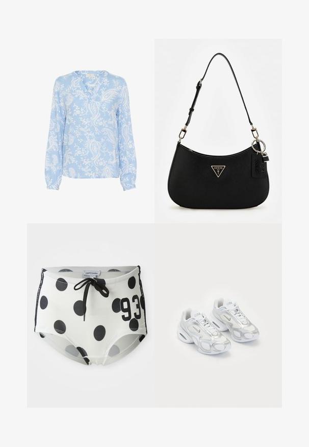 Jasnoniebieska bluzka z długimi rękawami, dekoltem w serek i kwiatowym wzorem paisley w białym kolorze; gładki materiał z marszczonymi mankietami.; Szorty kąpielowe w czarno-białe kropki z regulowanym paskiem w talii, z numerem "93" z przodu i gładkim, elastycznym materiałem.; Białe buty sportowe z siateczkową górą i srebrnymi akcentami, o unikalnym kształcie i poduszce powietrznej w pięcie. Wiązany design z logo.; Czarna syntetyczna torba na ramię o zaokrąglonym kształcie, z teksturowanym wykończeniem, złotym logo w kształcie trójkąta i odczepianymi akcentami ze sprzętu.
