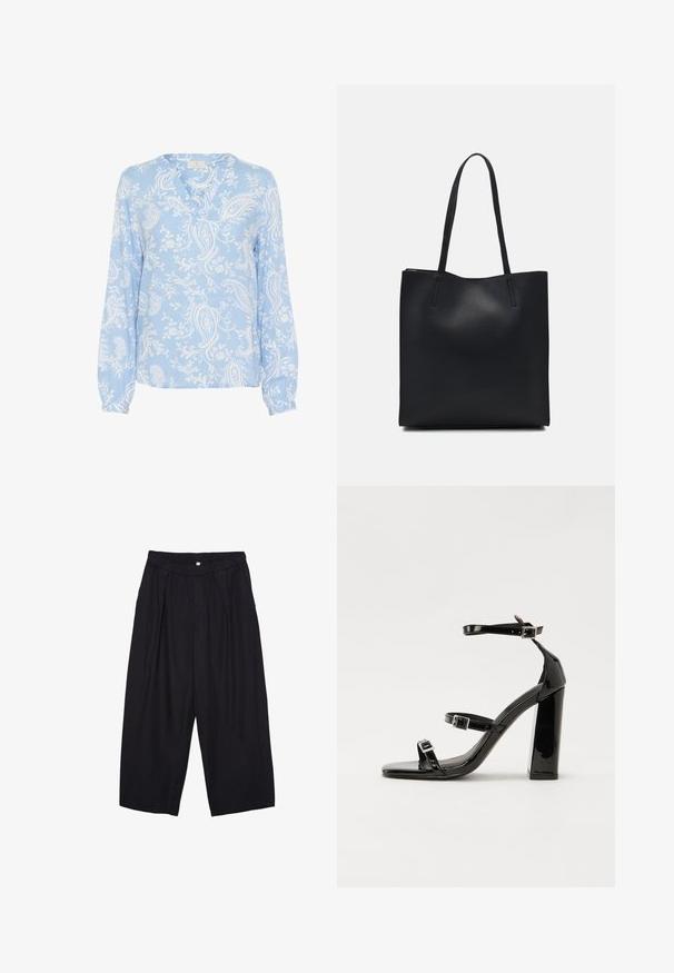 Svetlo modra bluzica z dolgimi rokavi, V-izrezom in cvetličnim paisley vzorcem v beli barvi; gladka tkanina z nabranimi manšeti.; Črne poliesterske culotte hlače z elastičnim pasom, dvema sprednjima nabiranjema in ohlapnim krojem. Brez vidnih vzorcev ali kovinskih detajlov.; Črne lakirane sandale s peto, kvadratnim prstom, trakovi okrog gležnja in srebrnimi zaponkami. Opremljene so s stabilno Debelo peto.; Črna usnjena torba s svilnato teksturo, pravokotne oblike in dvema dolgima ročajema. Brez vidnih metalnih delov ali okrasnih elementov.