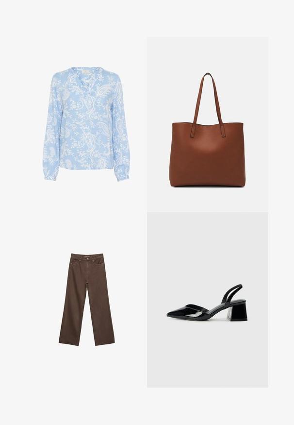 Svetlo modra bluzica z dolgimi rokavi, V-izrezom in cvetličnim paisley vzorcem v beli barvi; gladka tkanina z nabranimi manšeti.; Široke rjave kavbojke iz denima, ki imajo visok pas, sprednje žepe in klasično zapiranje na gumb. Gladka tekstura s subtilnim šivom.; Črne lakirane slingback pete s koničastim nosom in geometrijsko blokasto peto. Imajo eleganten, minimalističen dizajn in gladko teksturo.; Rjava usnjena torba z gladko teksturo, odprto zasnovo zgoraj in dvema naramnima trakovoma. Opremljena je z minimalnim šivanjem in brez vidnih kovinskih delov.