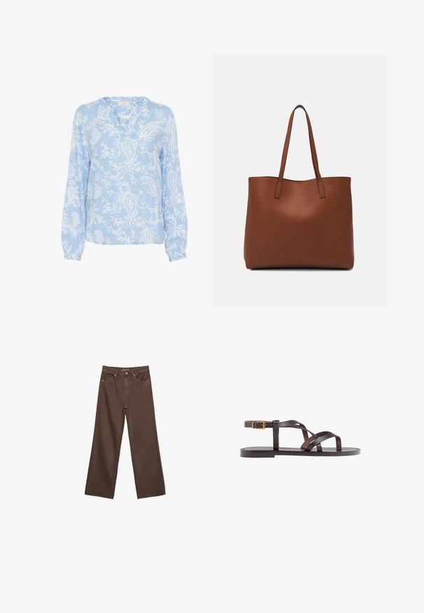 Svetlomodrá blúzka s dlhými rukávmi, výstrihom do V a kvetinovým paisley vzorom na bielom pozadí; hladká tkanina s nabrúsenými manžetami.; Džínsy s širokými nohavicami v hnedej farbe, vyrobené z denimu, so zvýšeným pásom, prednými vreckami a klasickým zapínaním na gombík. Hladká textúra s jemným prešívaním.; Hnedé kožené sandály s krížovými popruhmi, uzatváraním na pracku okolo členku a plochou podrážkou s minimálnymi ševmi.; Hnedá kožená taška na rameno s hladkou textúrou, otvoreným vrchom a dvoma ramenými popruhmi. Má minimálne šitia a žiadne viditeľné kovania.