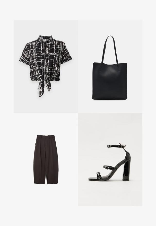 Svart kortärmad skjorta med ett vitt rutmönster och en knutdetalj fram vid fållen. Tillverkad av lättviktigt material.; Svarta vida byxor i ett mjukt tyg, med hög midja, framfickor och sidofickor. Enkel design utan utsmyckningar.; Svarta lackerade klacksandaler med fyrkantig tå, ankelremmar och silverfärgade spännen. Har en kraftig blockklack för stabilitet.; Svart lädertoffelväska med slät textur, rektangulär form och två långa handtag. Ingen synlig hårdvara eller dekorationer.