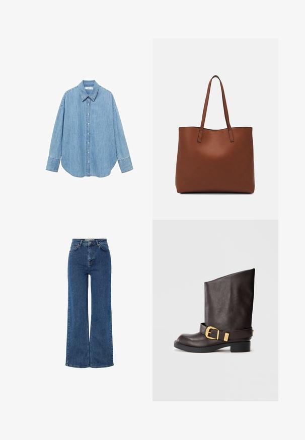 Hellblaues Denim-Hemd mit langen Ärmeln, einem spitzen Kragen und Knopfleiste. Verfügt über einen abgerundeten Saum und eine lockere Passform.; Hochtaillierte blaue Denim-Jeans mit weitem Bein, ausgestattet mit klassischem Fünf-Taschen-Design, Metallknopfverschluss und kontrastierenden Nähten.; Dunkelbraune Lederstiefelette bis zur Wade mit schwarzer Sohle, niedrigem Absatz und dekorativem goldenen Schnallenriemen um den Knöchel, seitlich dargestellt.; Braune Leder-Tote mit glatter Textur, offenem Oberteil und zwei Schulterriemen. Verfügt über minimale Nähte und keine sichtbaren Beschläge.
