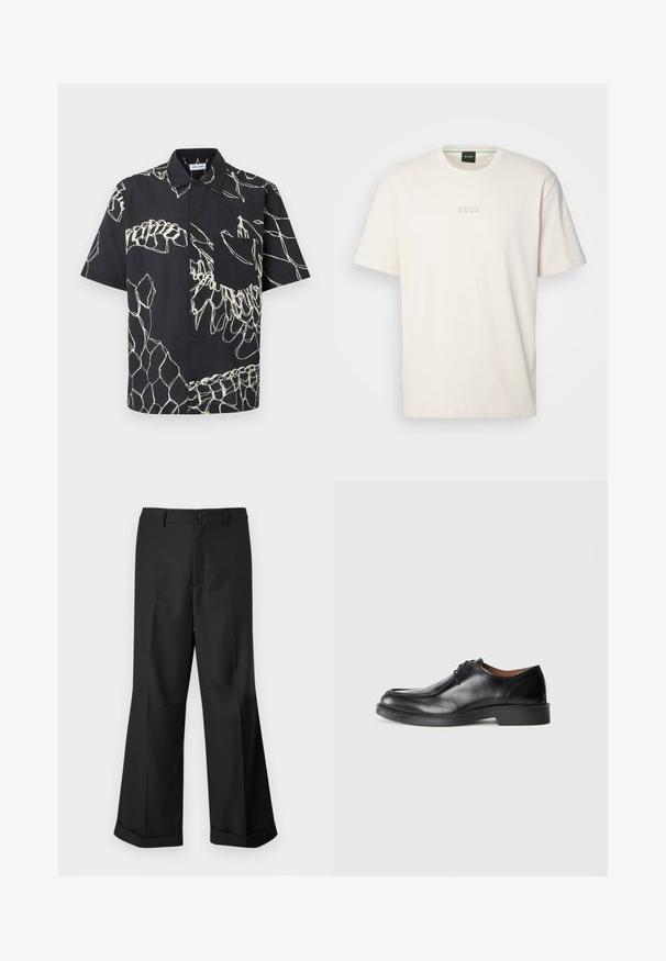 Schwarzes kurzärmeliges Hemd mit weißen abstrakten Linienmustern und einer Brusttasche vor einfarbigem Hintergrund.; BOSS TEE - T-Shirt basic - open white; Schwarze weit geschnittene Hosen mit geknöpftem Bund und umgeschlagenen Säumen, vor einem schlichten weißen Hintergrund präsentiert.; Schwarze Leder-Dressschuhe mit abgerundetem Zehenbereich, glatter Oberfläche, Schnürdetails und einer niedrigen, strukturierten Gummisohle. Saubere Linien und minimalistisches Design.