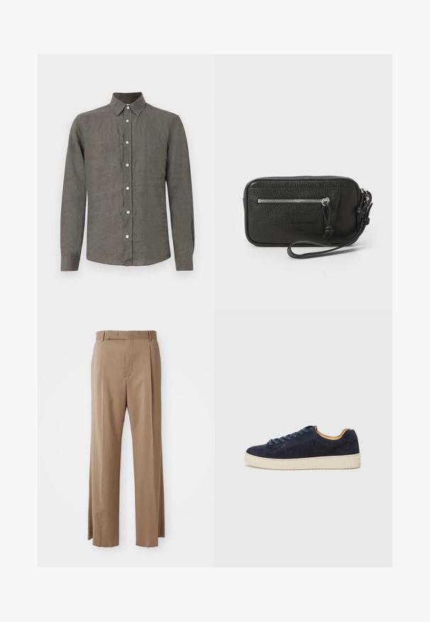 Camicia da uomo a maniche lunghe in lino grigio testurizzato, con colletto button-down e pattina frontale con bottoni a contrasto.; Pantaloni su misura di colore marrone chiaro con gambe dritte, passanti per cintura, cucitura anteriore e chiusura nascosta, esposti distesi su uno sfondo bianco.; Sneaker bassa in suede blu navy con punta tondeggiante, suola in gomma bianca sporca e lacci abbinati; presenta un rivestimento interno a contrasto in tonalità tan.; Clutch nera in pelle con superficie testurizzata, tasca frontale con zip e tracolla rimovibile. Presenta una patch con logo sul davanti. Forma rettangolare.