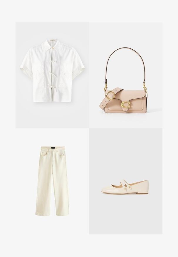 Weißes kurzärmliges Hemd mit Kragen, verziert mit gestickten Akzenten und dekorativen Bindebändern an der Vorderseite sowie Taschen. Leichter Stoff.; Helle beigen Jeans mit weitem Bein, ausgestattet mit einem Knopfverschluss, fünf Taschen und einer glatten Textur. Einfaches und modernes Design.; Elfenbeinfarbene Lackleder-Ballettschuhe mit zwei dekorativen Riemen und goldenen Knöpfen, runder Zehenpartie und niedrigem Blockabsatz.; Hellrosa Lederhandtasche mit einer geschwungenen Klappe, goldenen Beschlägen und einem abnehmbaren Tragegurt mit Kettenakzent. Glatte Oberfläche und präzise Naht.