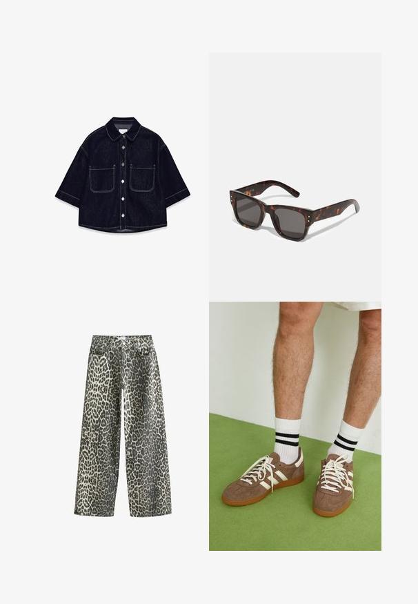 Temno modra srajca s kratkimi rokavi, z gumbi, dvema sprednjima žeparjema, belim šivom in zaobljenim ovratnikom.; Široke kavbojke z leopardjim vzorcem iz bombažne mešanice, z sprednjimi žeparji, zapiranjem na gumbe ter svetlo bež in temno rjavo barvno shemo.; Rjavi semiš športni čevlji z belimi detajli in vezalkami. Gumijast podplat. Nošeni z belimi nogavicami z črnimi črtami. Zelena teksturirana talna obloga.; Školjkaste sončne očala z temnimi lečami, kvadratnim okvirjem in srebrnimi okrasnimi žebljički spredaj. Izdelana iz plastike, lahka in trpežna.; Rjava tkana usnjena torbica s sproščenim, trikotnim oblikovanjem. Ima pleten ročaj in zadrgo na vrhu.