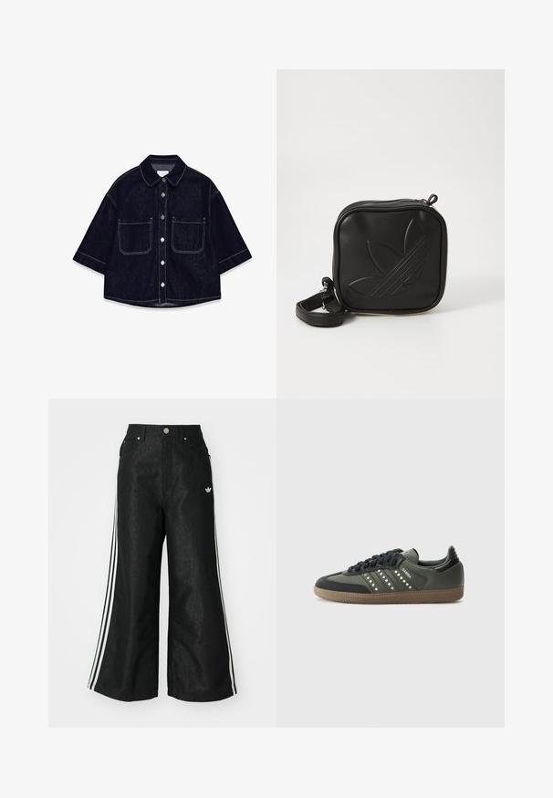 Dark denim button-up shirt with short sleeves, two front patch pockets, white stitching, and a rounded collar.; Black wide-leg denim pants with three white stripe accents on each side and a small white logo. Features front pockets and a button closure.; adidas Originals SAMBA OG - Trainers - core black/legend earth/gum; Black square crossbody bag made of textured synthetic material. Features an embossed logo design and adjustable strap. Zipper closure.