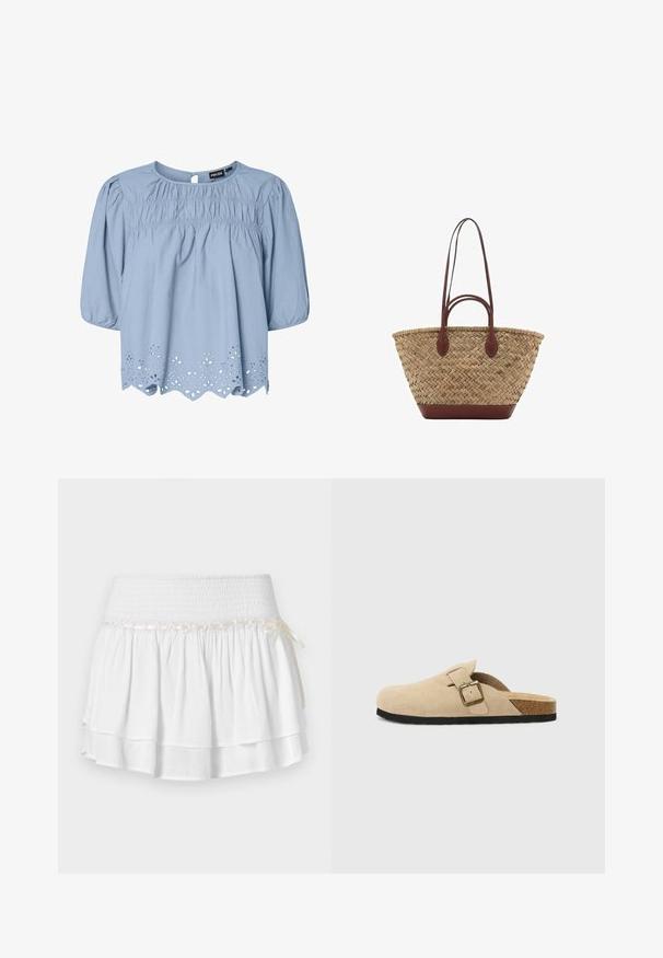 Blusa azzurra chiara in cotone con scollo rotondo, maniche a sbuffo e dettagli in pizzo ad occhiello intricati all'orlo.; Gonna bianca a strati con vita elastica, caratterizzata da un dettaglio in smocking testurizzato e un nastro decorativo. Tessuto di cotone.; Zoccoli beige in suede con piede in sughero, punta rotonda e una semplice fascia con una fibbia dorata. Suola in gomma per una buona aderenza.; Borsa tote in paglia intrecciata con texture a treccia, manici e base in pelle marrone scuro, forma circolare larga e design con apertura superiore.