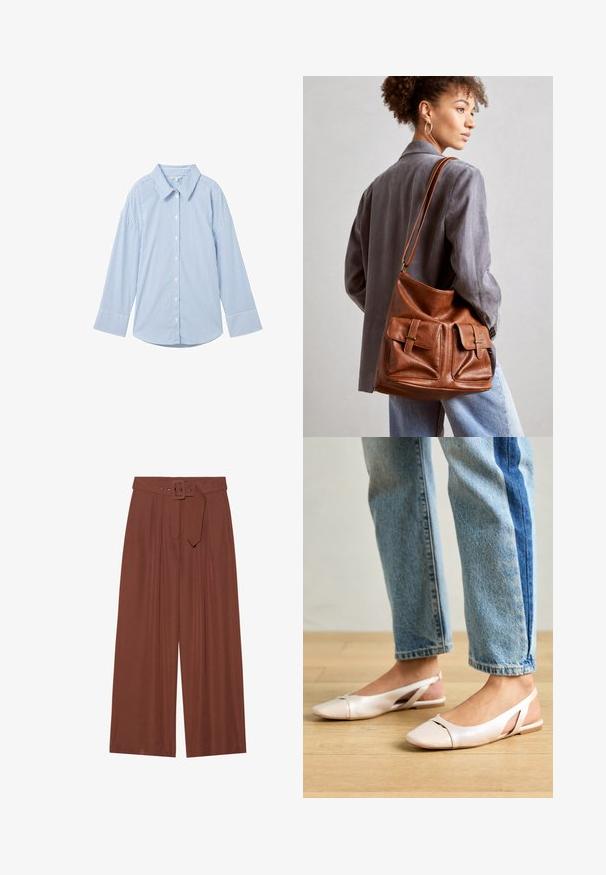 Camisa abotoada azul claro com riscas verticais brancas, mangas longas, colarinho clássico e bainha arredondada. Feita de um tecido suave.; Calças de perna larga em tecido castanho, com um cinto de fivela quadrada, design pregueado e textura suave.; Sapatilhas slingback de cor rosa pálido com bico fino, feitas de um material semelhante a couro liso. Apresentam detalhes recortados nas laterais e um salto plano.; Bolsa de couro castanha tipo bucket, com dois bolsos frontais com detalhes em fivela. A bolsa tem uma textura suave e uma alça ajustável.