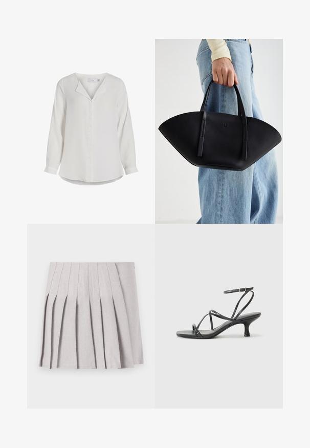 Vit långärmad blus i mjukt tyg, med notched krage, framtill placket och en lätt böjd nederkant.; Grå plisserad kjol med en slät textur, som har flera vertikala veck och en åtsittande midja. Tillverkad av lättviktig tyg.; Svarta klacksandaler med tunna remmar, öppen tådesign och en liten, utställd klack. Materialet ser slätt och glansigt ut.; Svart läderhandväska med en unik fläktform, som har platta handtag. Ytan har en pebblad textur och en minimalistisk design.