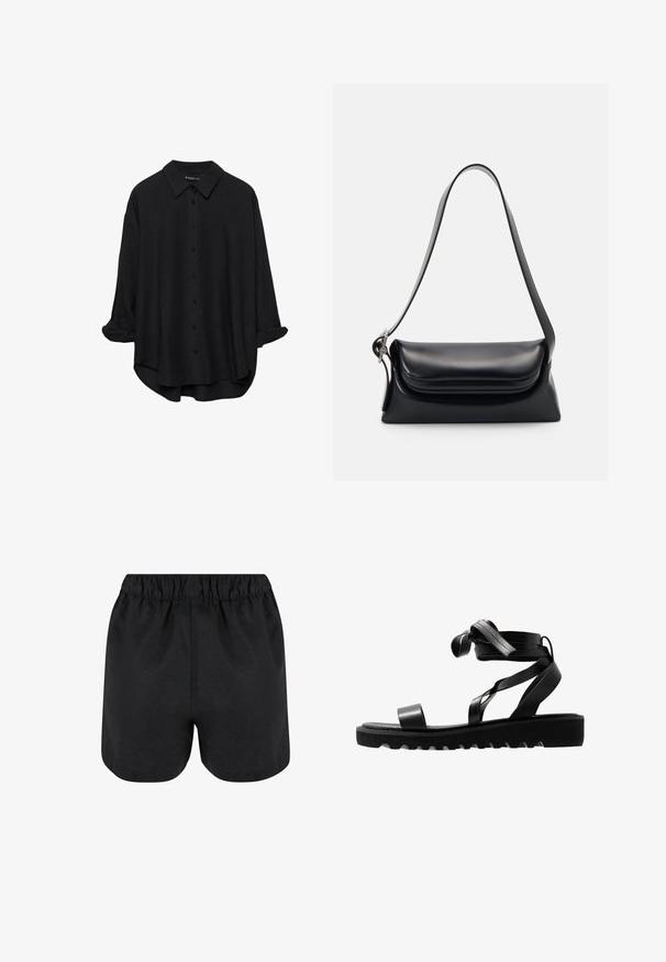 Črna dolgorasna srajca z gumbi in koničastim ovratnikom, udobnega kroja, z zavihanimi rokavi in rahlo zaobljenim robom, izdelana iz gladkega materiala.; Črne hlače s elastiko v pasu. Mehka tkanina, preprost dizajn in rahlo zaobljen rob na dnu. Brez vidnih vzorcev ali logotipov.; Črne sandale z teksturiranim podplatom, ki imajo tanke naramnice in vozlano zasnovo. Narejene iz gladkega materiala, sodobne oblike in odprtega prsta.; Črna usnjena torbica z oblikovano strukturo, gladko teksturo in eno naramnico. Opremljena je z diskretnim, zaobljenim pokrovom.